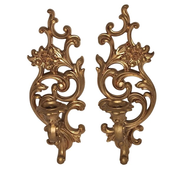 VTG Pair Syroco Gold Ornate Floral Scroll Candle Sconce Hollywood Regency #5133 - Picture 1 of 16